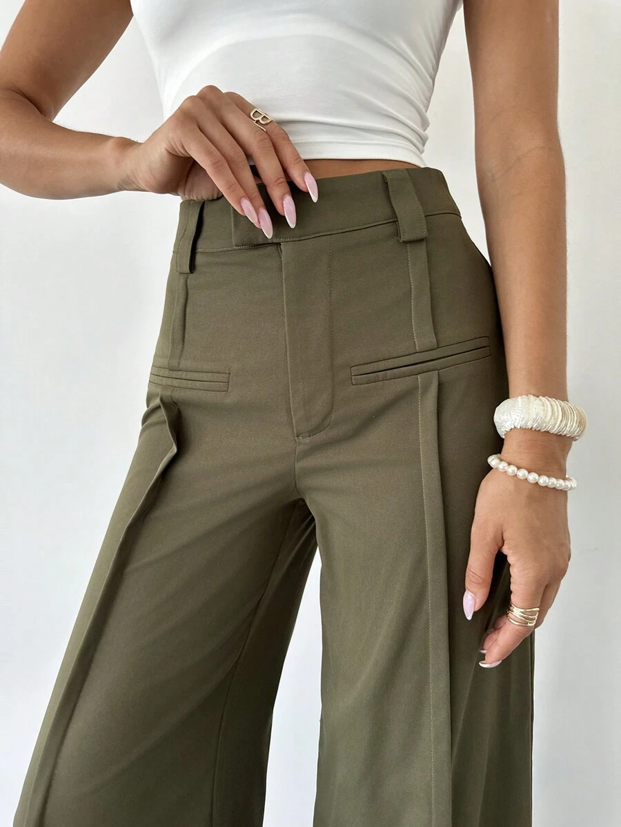 Firerie Quần ống rộng cạp cao có túi nhún cho nữ mùa thu quần ống rộng đi làm - màu xanh lá - Xem 1
