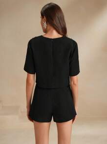 Anewsta 2 件套优雅串珠装饰短袖短裤夏季服装 - 黑色 - 查看 11