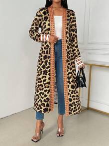 SHEIN Clasi 女士豹纹拼布长袖休闲开衫 - 卡其色 - 查看 4