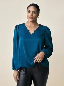 BizChic Plus Size Women Elegant Solid Woven Patchwork Chain Print Lantern Sleeve Blouse, Spring And Summer - Blue - View 5