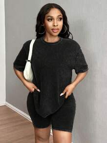 SHEIN SXY Bộ áo phông tay ngắn cổ tròn màu trơn cỡ lớn và quần short cho nữ - màu đen - Xem 3
