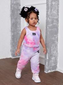 SHEIN Leap Crew NovaGlow 女婴 3 件套秋冬保暖毛绒扎染连帽夹克、背心和裤子套装，粉色和紫色，适合休闲户外穿着 - 彩色 - 查看 4