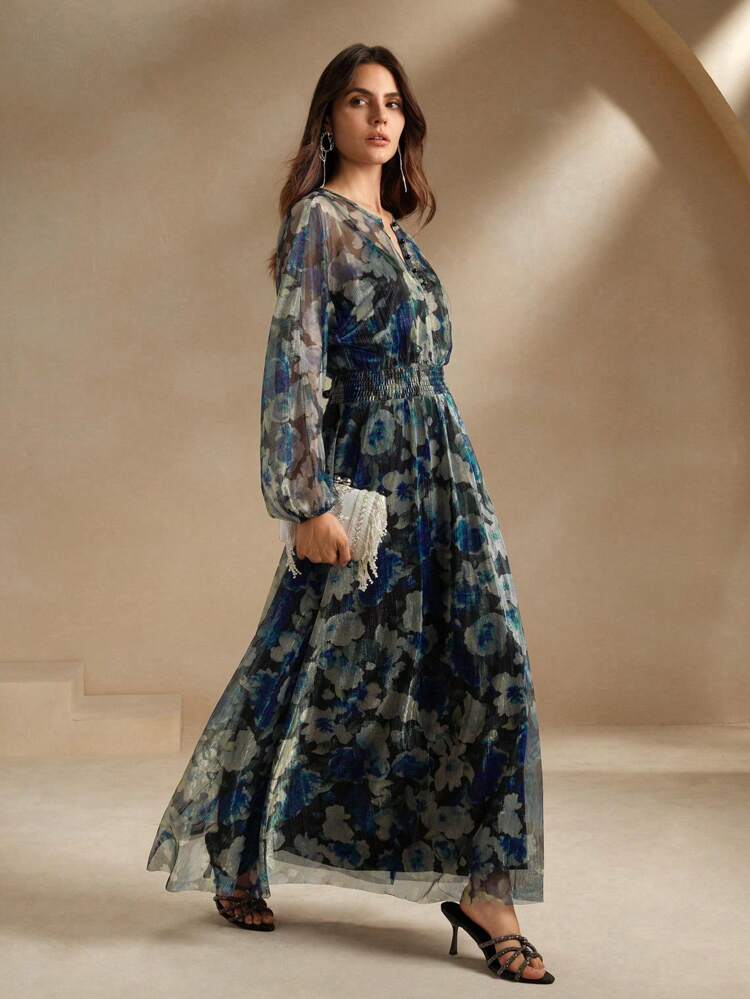 Rundhals-Langarm Kleid mit Blümchen Muster für den Urlaub