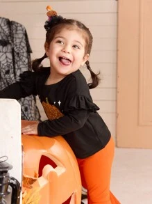SHEIN 2pcs Baby Girl Halloween Cute Knit Cartoon Pattern Top And Orange Flared Pants Set. Mommy And Me Matching Outfits (2 Sets Sold Separately) - Black - View 4