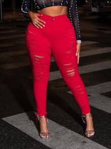 SHEIN SXY Jeans rossi strappati con elasticità taglia forte per donne, pantaloni autunnali curve, jeans curvi autunnali, jeans stile Y2K moda coreana abiti Ognissanti - Rosso - Visualizzare 5