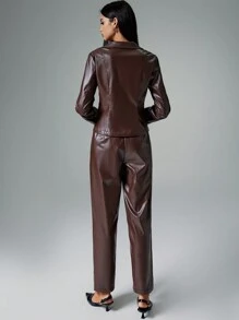 Poéselle 棕色高腰PU仿皮裤，棕色皮裤，直筒裤，正装裤，皮裤，秋装，秋冬装，办公室商务裤，万圣节裤，通勤日常休闲裤 - 棕色 - 查看 6