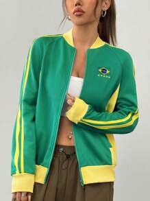 Muchica Women's Casual Raglan Sleeve Brazil National Flag Color Block Baseball Jacket, Spring Autumn - Green - View 5