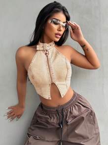 SHEIN Tall Tops de mezclilla para hombres, tops halter elásticos, tops ajustado de caqui, tops para mujeres en otoño, tops lindos, atuendos de festival rave en otoño, camisas de otoño para mujeres, tops de otoño