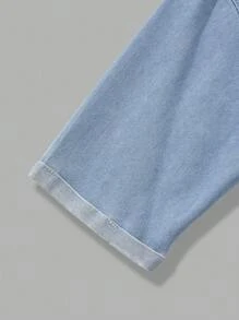 SHEIN 青少年男孩休闲/基本款/学院风春夏秋季浅色水洗工装领牛仔衬衫和松紧腰牛仔裤两件套 - 中等水洗藍 - 查看 7