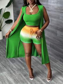 Slaydiva 3 piezas Set básico informal de ropa de playa para vacaciones para mujeres: camiseta sin mangas degradada, shorts con cordón, chaqueta sin mangas