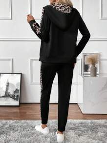 EMERY ROSE 2pcs Women Solid & Leopard Print Hoodie & Pants Outfit Fall Cloth For Women - Black - View 2