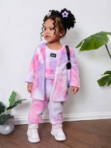 SHEIN Leap Crew NovaGlow 女婴 3 件套秋冬保暖毛绒扎染连帽夹克、背心和裤子套装，粉色和紫色，适合休闲户外穿着 - 彩色 - 查看 7