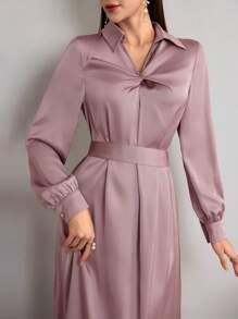 Modelyn 1pc Solid Color Twist Design Elegant Long Sleeve Dress Long Evening Dresses - Pink - View 3