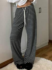 SHEIN CovetEZ Women Black & White Stripe Knit Wide Leg Pants - Black and White - View 4