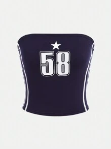 SHEIN Girlism 少女編織純色數字印花圖案胸衣無肩帶上衣