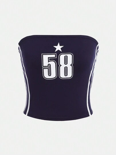 SHEIN Girlism 少女編織純色數字印花圖案胸衣無肩帶上衣