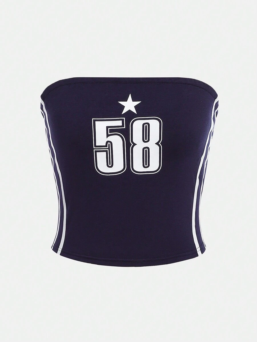 SHEIN Girlism 少女編織純色數字印花圖案胸衣無肩帶上衣