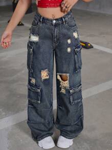 SHEIN Quần jeans ống rộng rách rưới phong cách Y2K dành cho nữ tuổi teen, thích hợp cho mùa thu đi học và phong cách đường phố Halloween. - Rửa tối - Xem 3