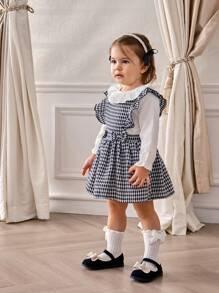SHEIN Conjunto de vestido con dobladillo de volantes a cuadros y top de manga larga sólido casual de primavera/otoño para niña bebé - Blanco y Negro - Ver 3