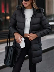 Faux Fur Hoodie Zip Up Pocket Detailed Warm Feel Long Winter Coat - Black - View 4