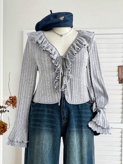 Soleia SHEIN WYWH Plus Size Women's Autumn Holiday Graduation Season Back To School Clothes Fall Clothes Holiday Wear Babydoll Top Halloween Christmas Glitter Homecoming, Wedding, Concert, Game Day Romantic Casual Sweet Ruffled Decorative Gray Long-Sleeved Top