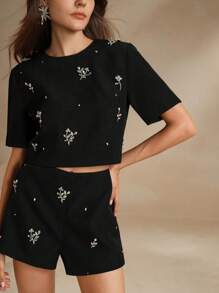 Anewsta 2 件套优雅串珠装饰短袖短裤夏季服装 - 黑色 - 查看 12