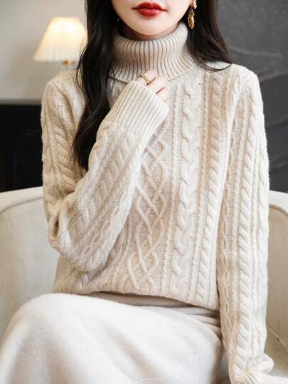 Women's 100% Merino Wool Turtleneck Sweater Fall Winter Casual Cable Warm Soft Long Sleeve Knit Sweater