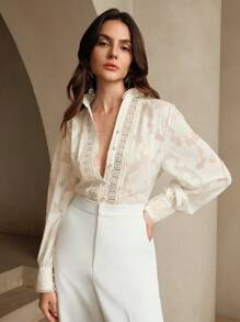 Anewsta Women's Elegant Material Splice Sheer Jacquard Stand Collar Blouse Women Shirt,Long Sleeve Tops