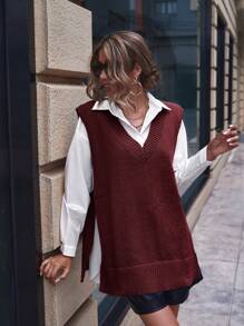 SHEIN Essnce Women Spring Autumn Casual Solid Color Side Slit Sweater Vest - Burgundy - View 3