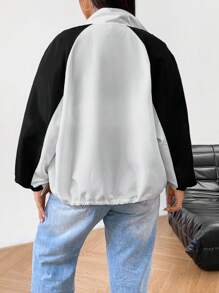 SHEIN EZwear Plus Size Women Black & White Contrasting Casual Bomber Jacket With Pockets, Fall/Winter Back To School - Black and White - View 2