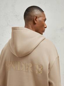 AKNOTIC Business Casual 2pcs Men's Loose Fit Letter Print Sweatshirt Hoodie& Shorts Set, For Fall Winter - Khaki - View 4