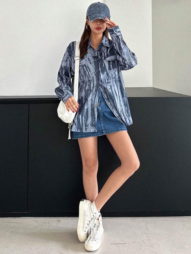 Tie-Dye Allover Print Tree Pattern Loose Long Sleeve Shirt