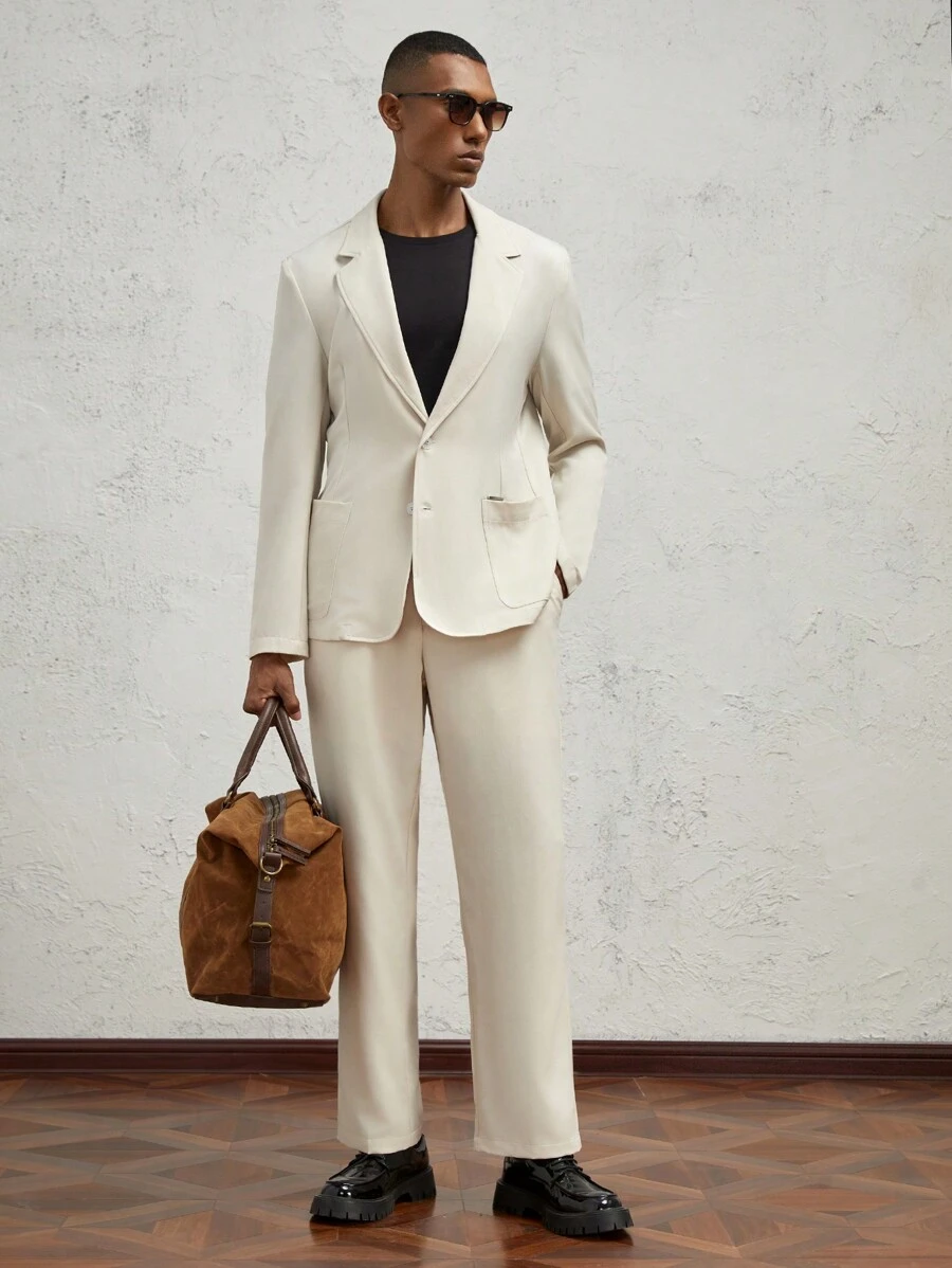 AKNOTIC Formal 2pcs Men' Loose Fit Casual Business Suit - Long Jacket And Straight Leg Pants, Spring Autumn