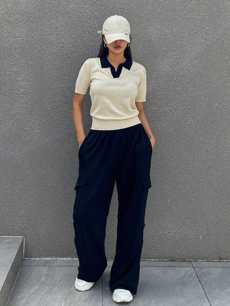 Women Summer Contrast Color Collar Short Sleeve Casual Knit Blouse