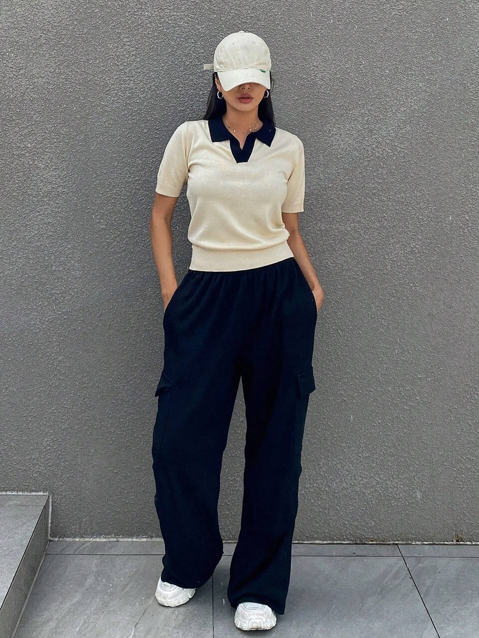 Women Summer Contrast Color Collar Short Sleeve Casual Knit Blouse