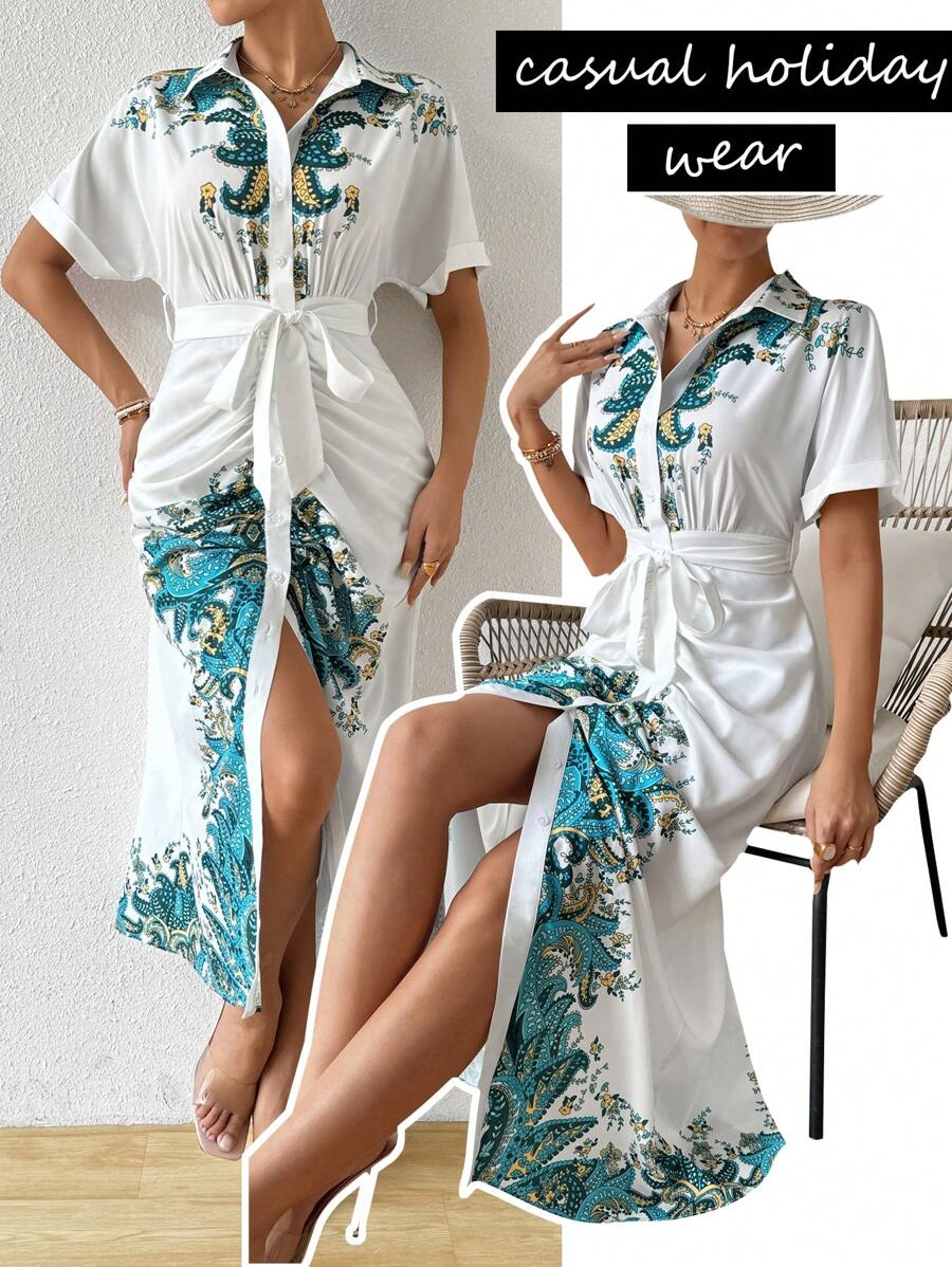 Chiquease Resort & Casual in hoa tay áo cánh dơi cài cúc phía trước váy dài xếp nếp - Nhiều màu - Xem 1