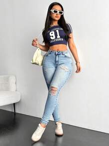 SHEIN EZwear Women's Casual Distressed Slim-Fit Denim Jeans