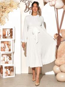 Loomaby Maternity Gender Reveal Dress Round Neck Long Sleeve Waist Tie Pleated Loose Gentle Elegant Dress For Baby Shower Party - White - View 3