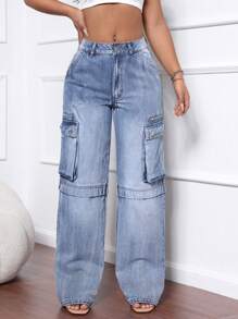 SHEIN SXY Jeans anchos de pierna ancha con bolsillo cargo de ajuste suelto y relajado para mujer