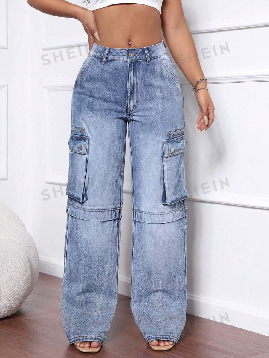 SHEIN SXY Jeans anchos de pierna ancha con bolsillo cargo de ajuste suelto y relajado para mujer