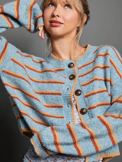 WESTFADE 多色条纹圆领纽扣前长袖宽松开衫毛衣秋季、返校、秋季、冬季、休闲可爱波西米亚风上衣、乡村音乐会、女士西部服饰