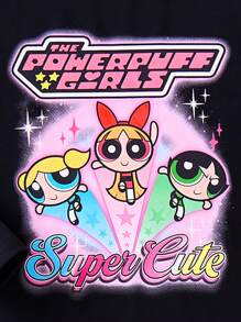 THE POWERPUFF GIRLS X SHEIN Váy dài tay in hoạt hình giản dị cho cô gái trẻ mùa xuân và mùa thu - màu đen - Xem 4