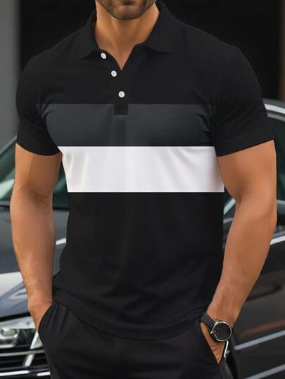 Manfinity Homme 大码男士夏季条纹短袖休闲拼色领通勤 Polo 衫，适合外出，大码