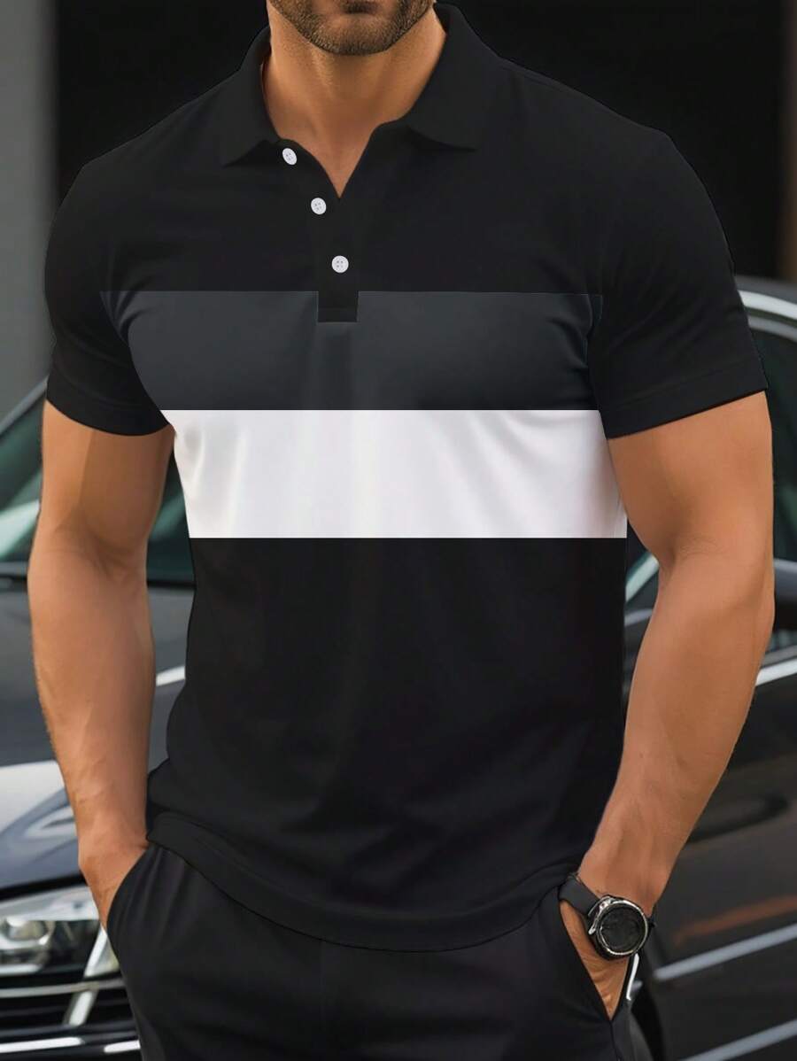 Manfinity Homme 大尺碼男士夏季條紋短袖休閒拼色領通勤 Polo 衫,適合外出,大尺碼,正式 - 彩色 - 查看 1