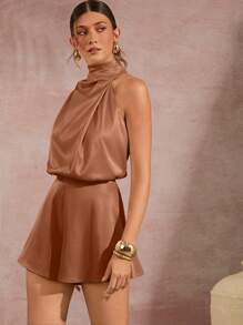 L'Amorae 不对称立领垂褶缎面连身裤 - 棕色 - 查看 5