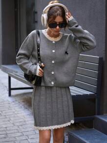 EURMUSE 蝴蝶结细节百褶裙和开衫