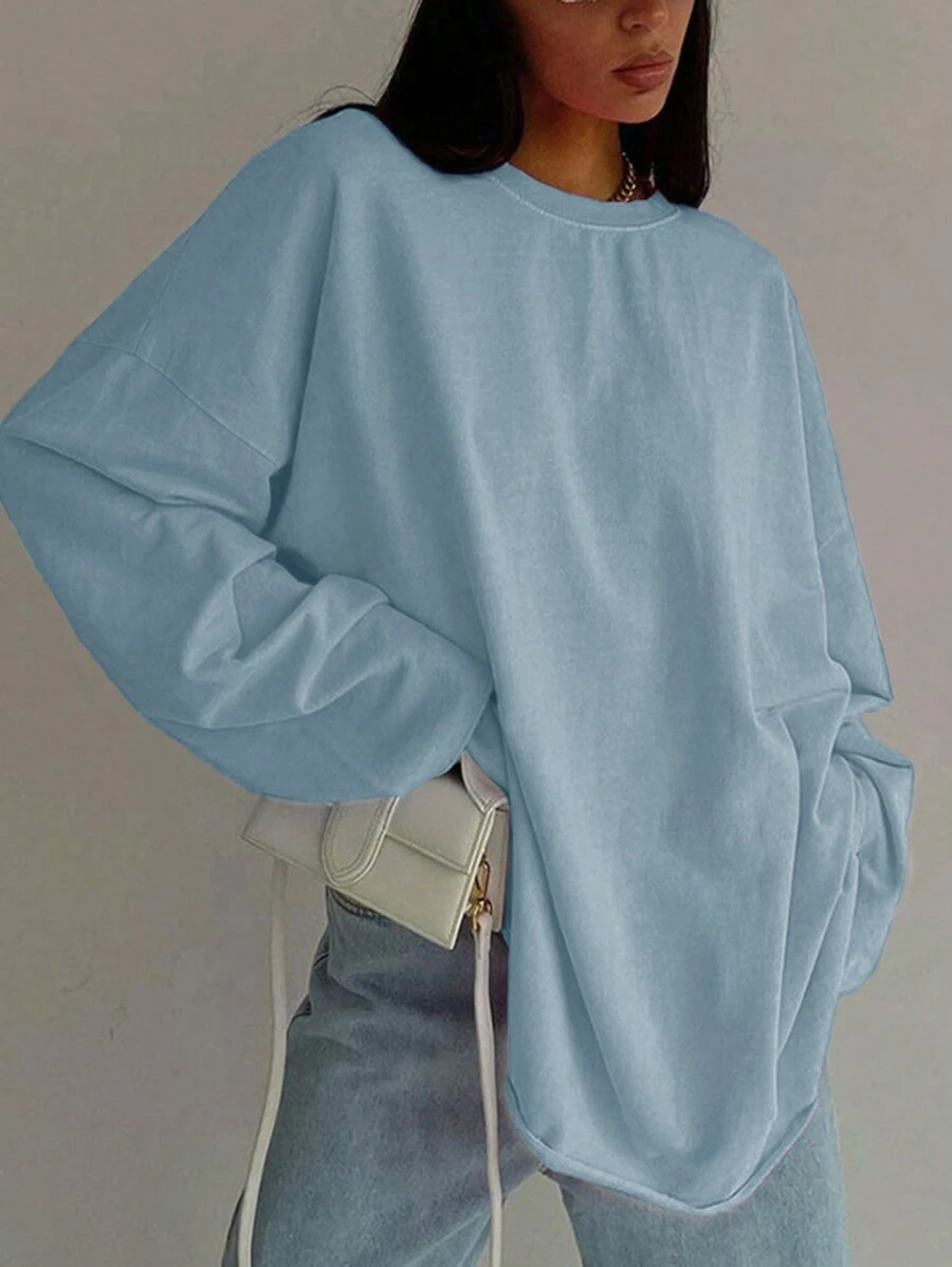INAWLY Women's Solid Color Crew Neck Long Sleeve Pullover Sweatshirt - Baby Blue - View 1