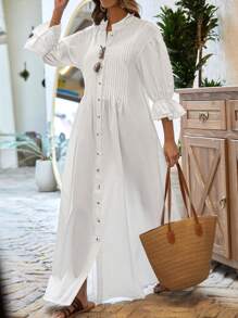 EURMUSE 女士鬆身休閒連衣裙，帶褶襟領和喇叭袖 - 白色 - 查看 6