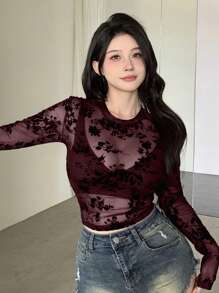 DAZY Áo cánh dài tay in hoa xuyên thấu màu đỏ dành cho nữ - Màu đỏ tím - Xem 3