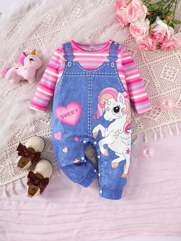 SHEIN Baby Girl Casual Denim Effect Print & Striped Jumpsuit, Spring/Fall